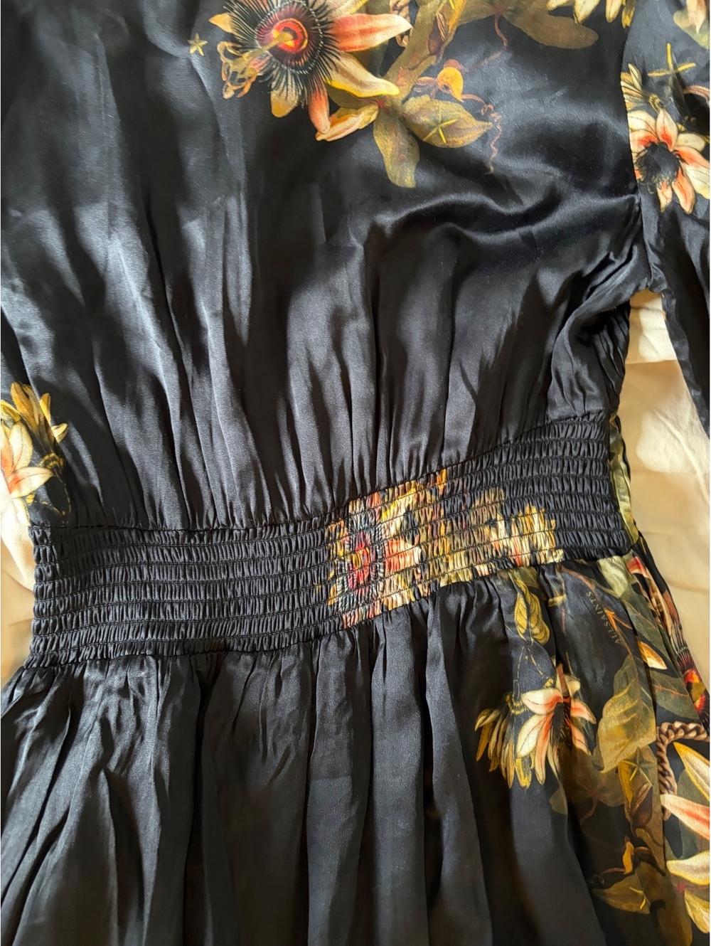 AllSaints Estelle Black Floral Silk Dress With Handkerchief Hem Size 4 - Picture 6 of 8